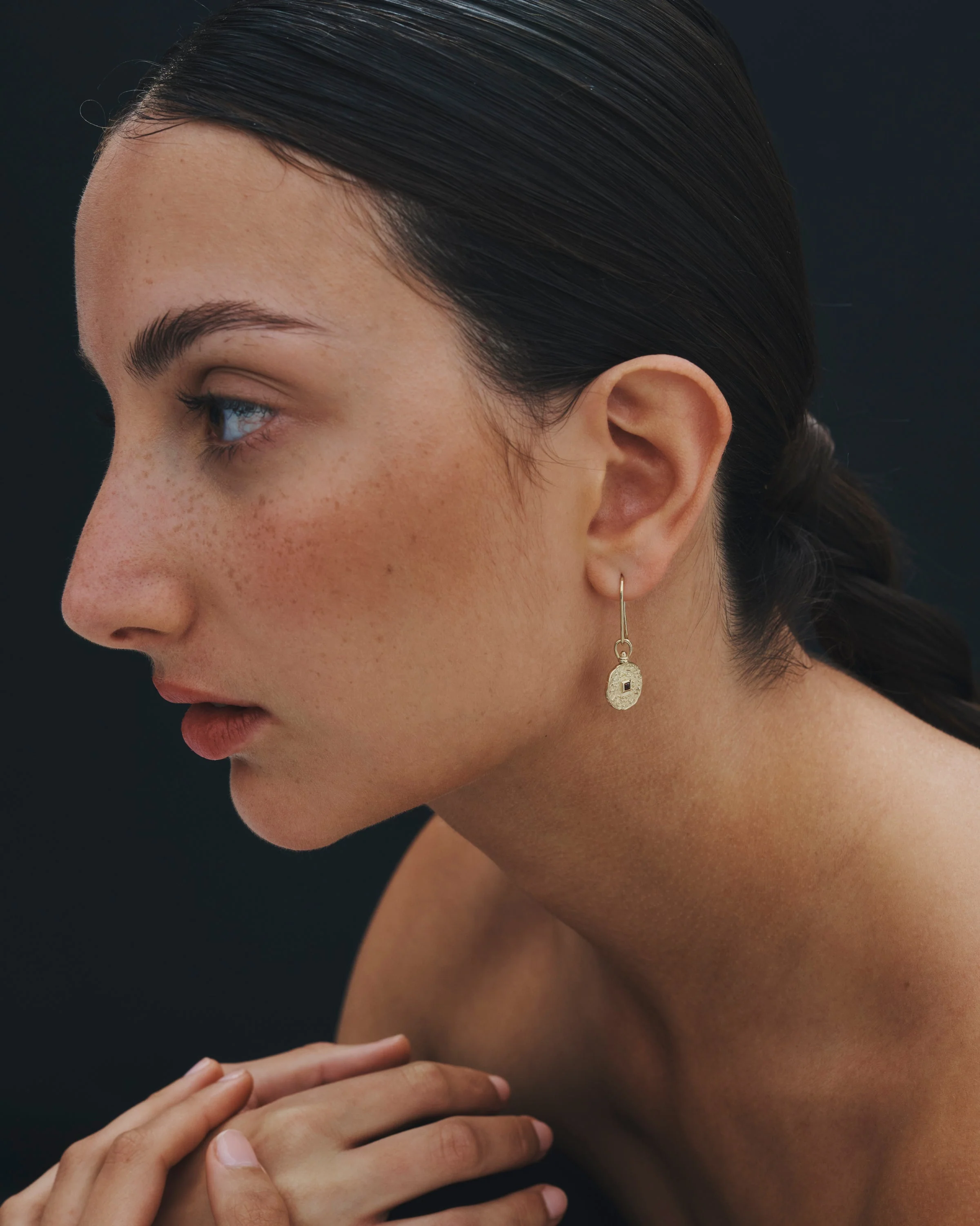 Atlantis Coin Earrings Garnet Solid Gold - Image 3