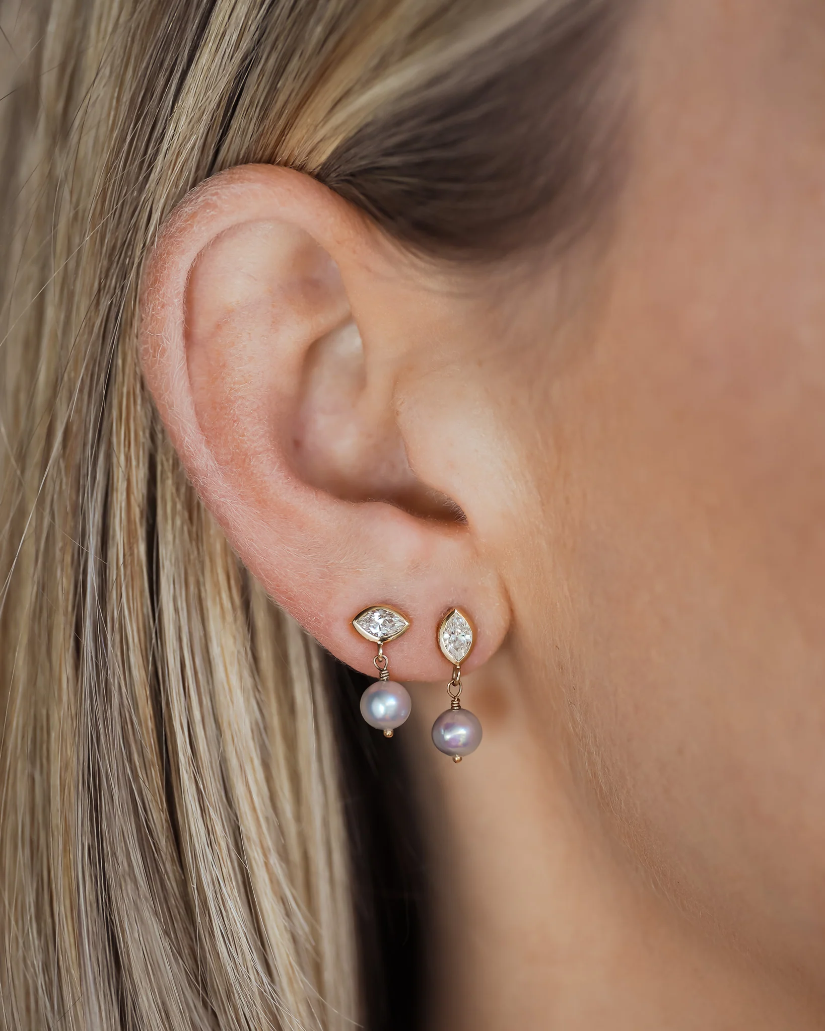 Mer Drop Earrings Pearl Diamond Solid Gold - Image 2