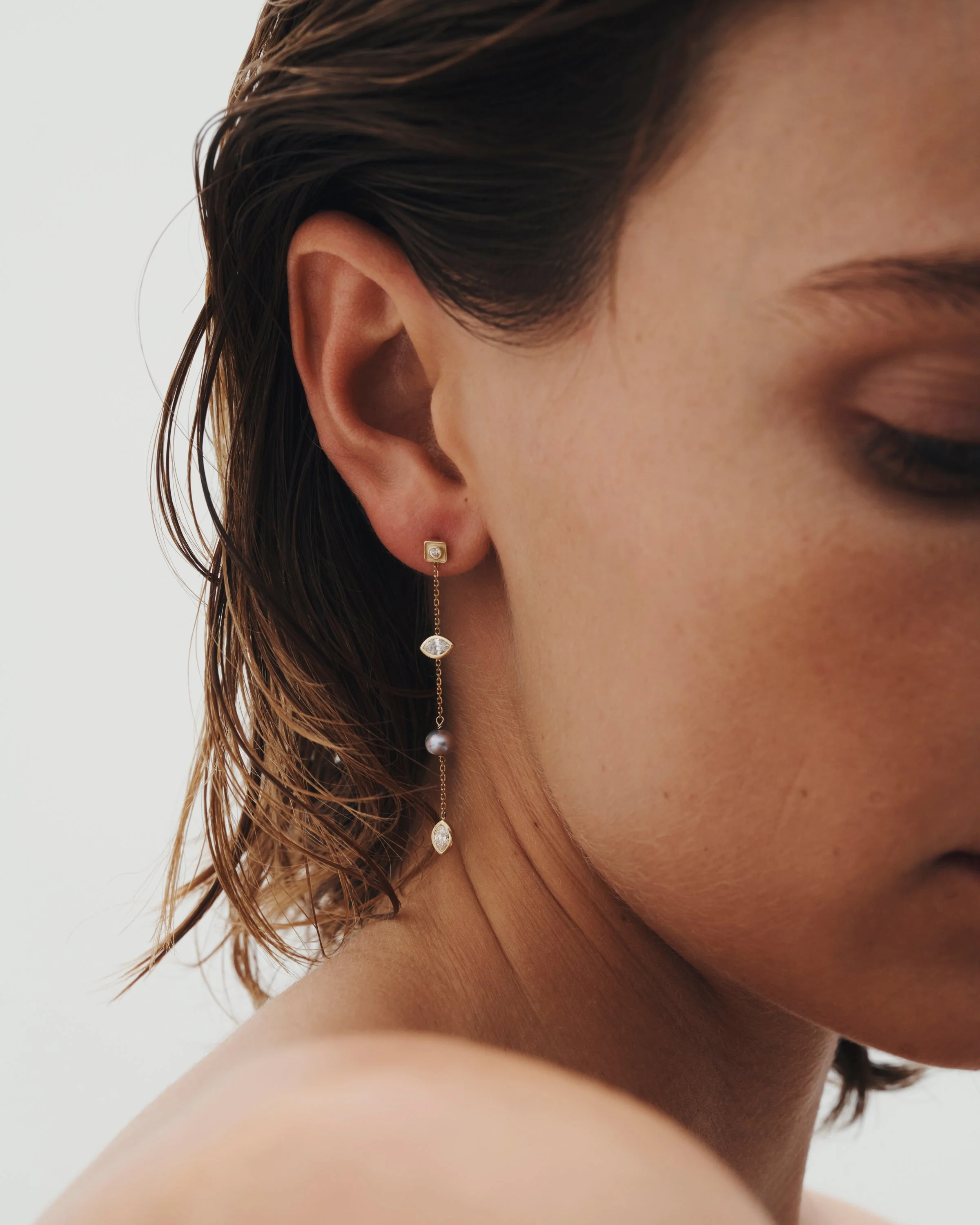Mer Statement Earrings Pearl Diamond Solid Gold - Image 3